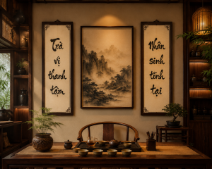 câu đối thư pháp Việt để phòng trà